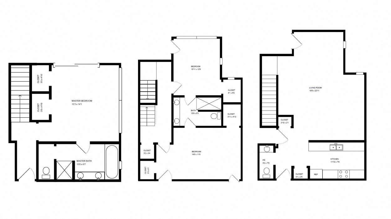 Floor plan for 3 beds, 2.5 baths, 1550 sqft
